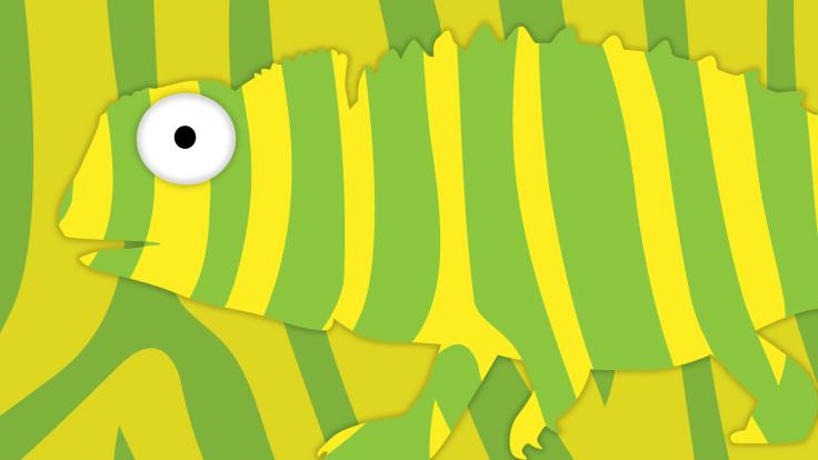 Green and yellow chameleon blending into background 