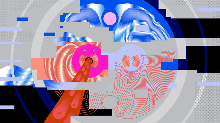 Illustration of stylized patches of "temperatures" around actual bits of the HLC beampipe (grey, blue, red, pink, black)